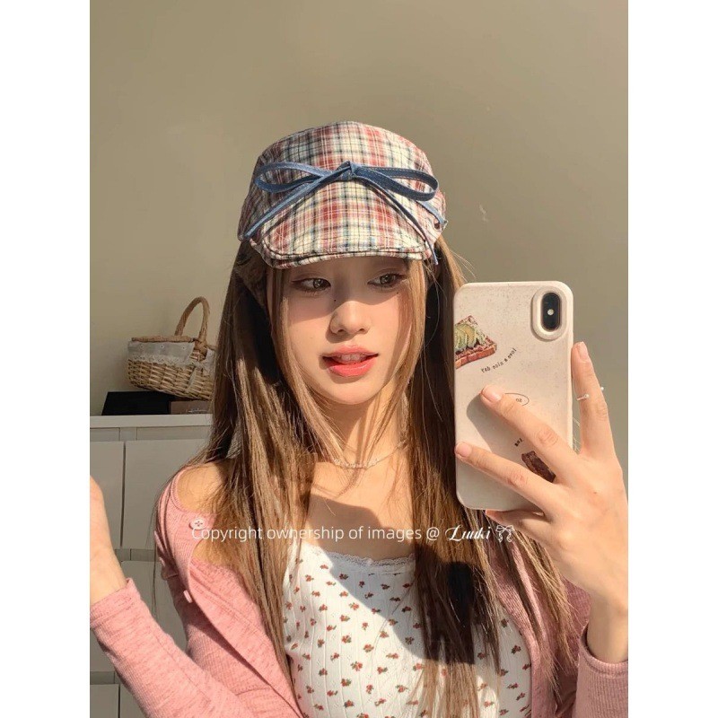 Luuki Bowknot Rend-Up Checkerered Forward Hat-Red Black Checkered Forward Hat#7. 15al.xue #