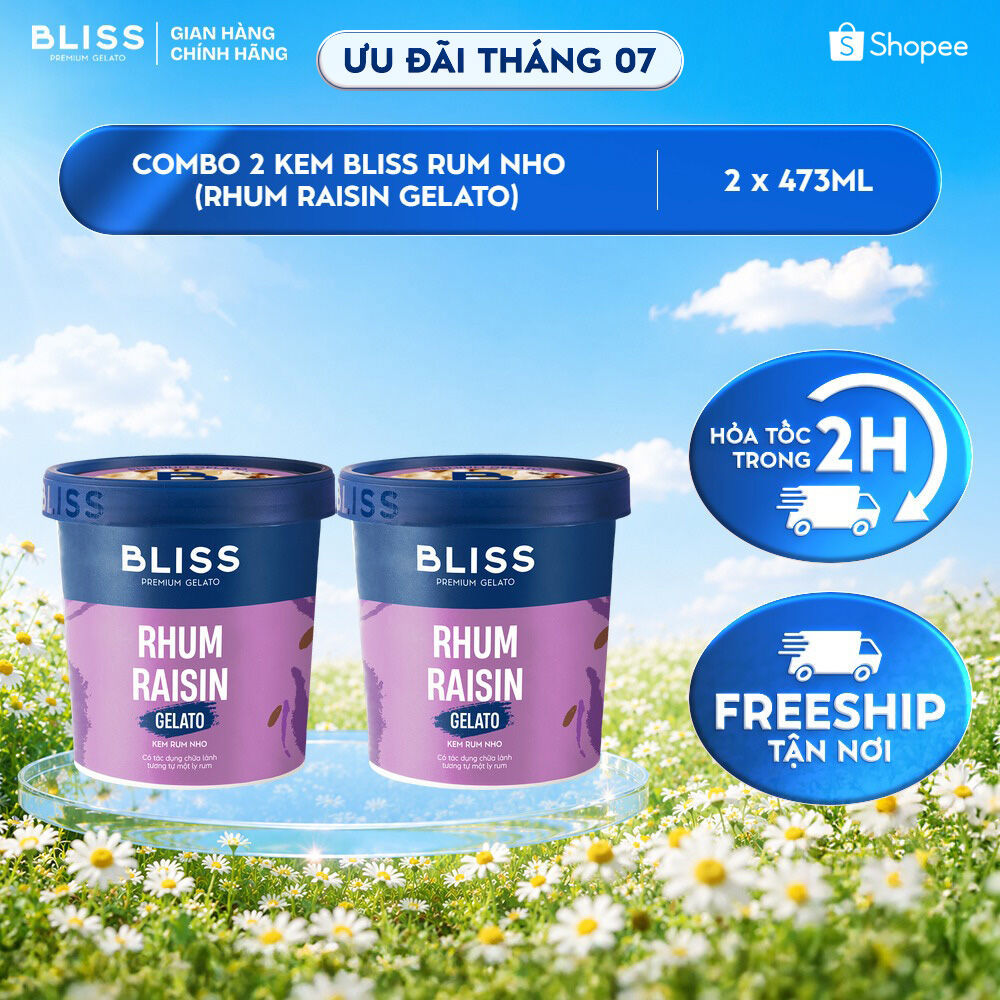 [Hỏa tốc HN/HCM] Combo 2 Kem BLISS Premium Gelato vị Kem Rum Nho (Rhum Raisin Gelato) hộp 473ml