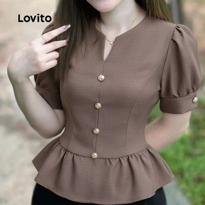 Áo Lovito thanh lịch phong cách xếp ly mùa xuân/hè màu kaki cho nữ L164ED093