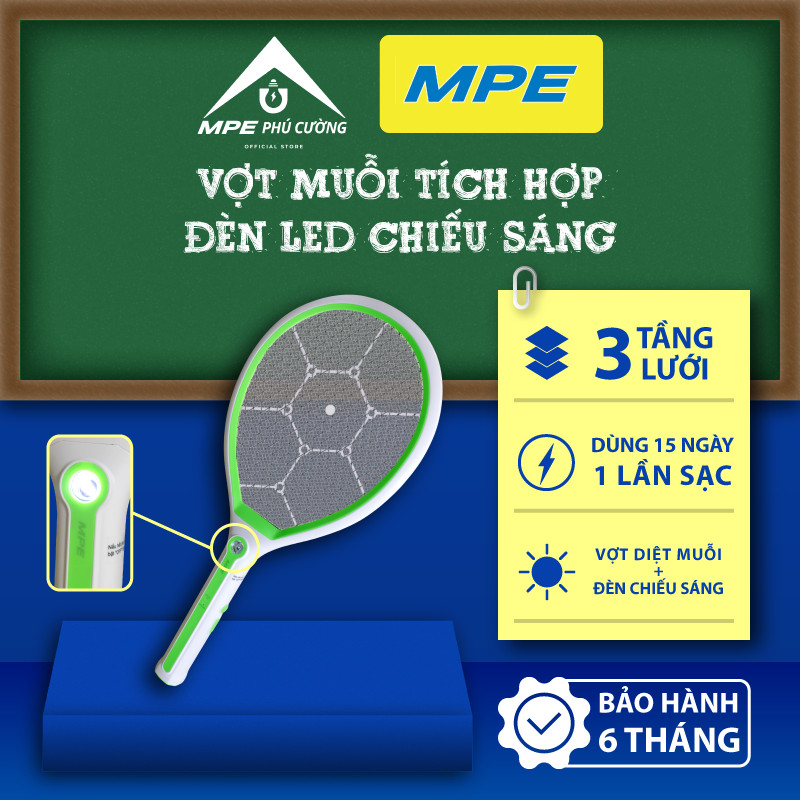(CHÍNH HÃNG) MPE - Vợt muỗi 3 tầng lưới 2 chế độ hoạt động tích hợp đèn led chiếu sáng Chính hãng MP