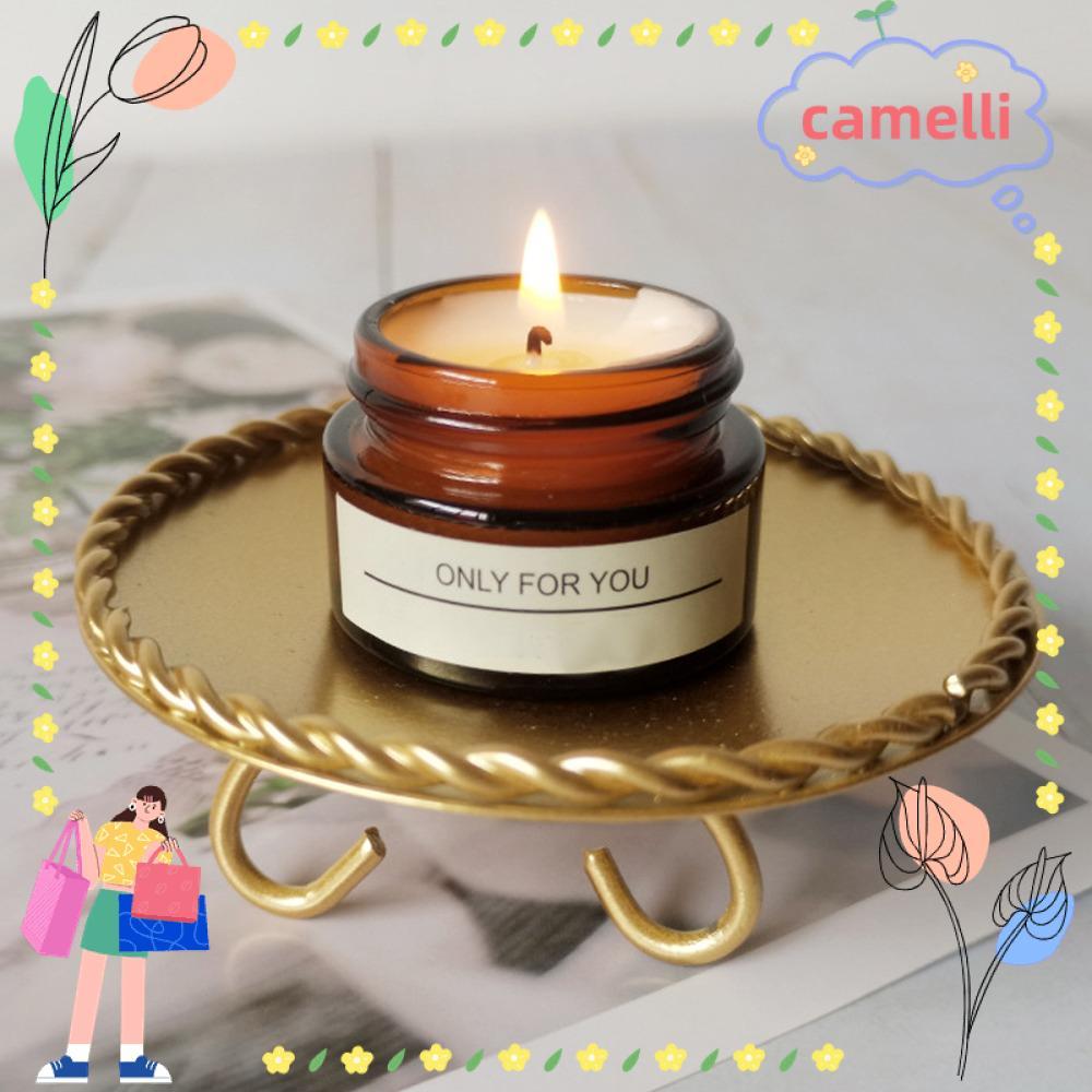 Chân nến sắt rèn CAMELLI, Chân nến ren gai dầu màu vàng tròn, Chân nến Giá đỡ gai dầu Ren sắt rèn Tấ
