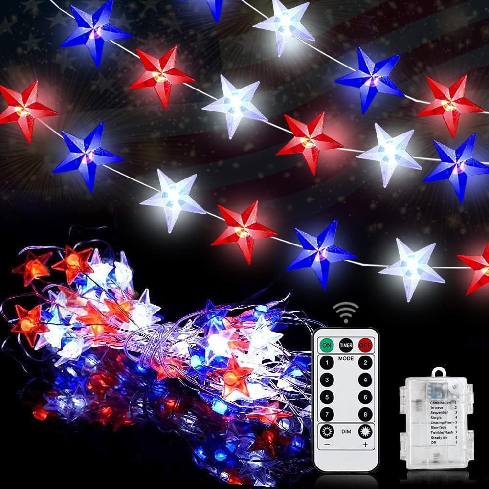 Couah 2 Gói 80 Đèn LED Đỏ Trắng Và Xanh Dương Hoạt Động Bằng Pin 20 FT 4th of July Yêu Nước Cổ Tích 
