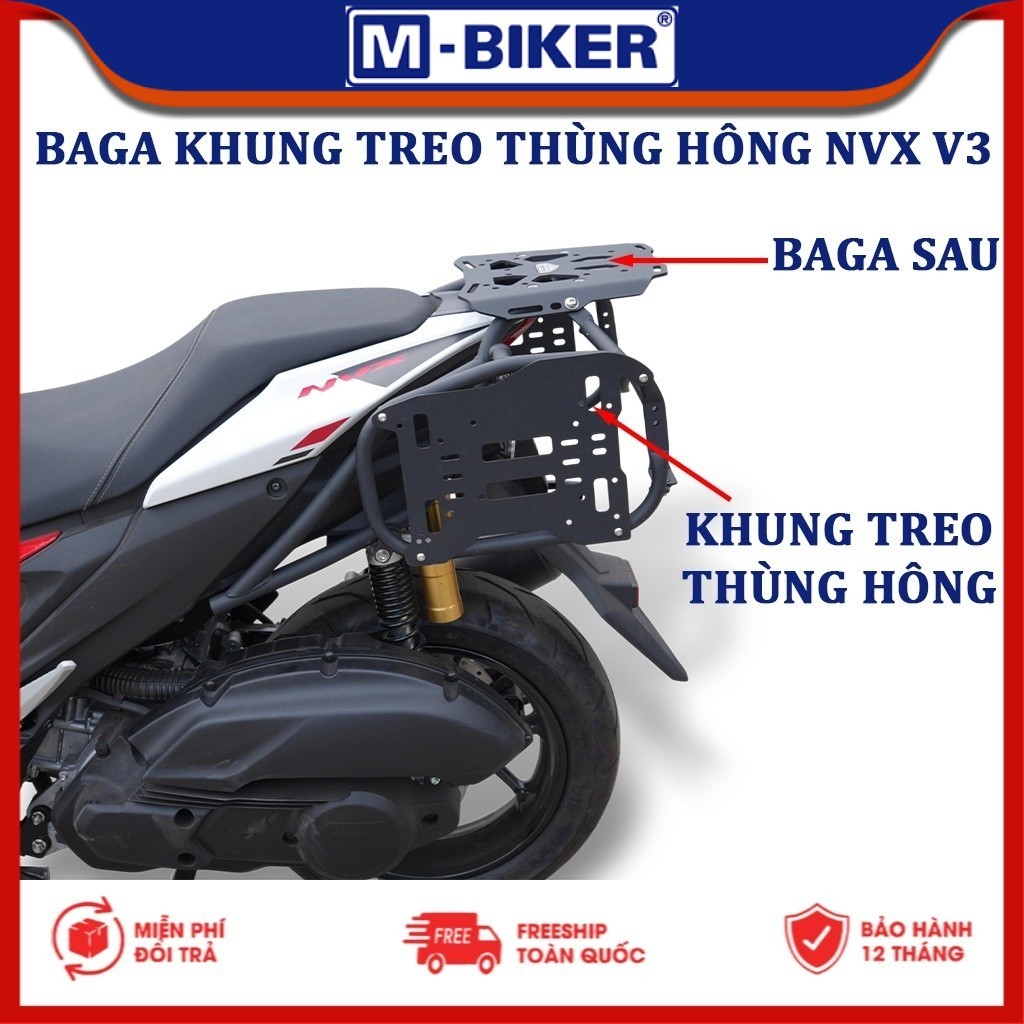 Baga NVX V3, Baga sau gắn khung treo thùng hông NVX V3, Baga gắn 3 thùng cho Yamaha NVX V3 | M-Biker