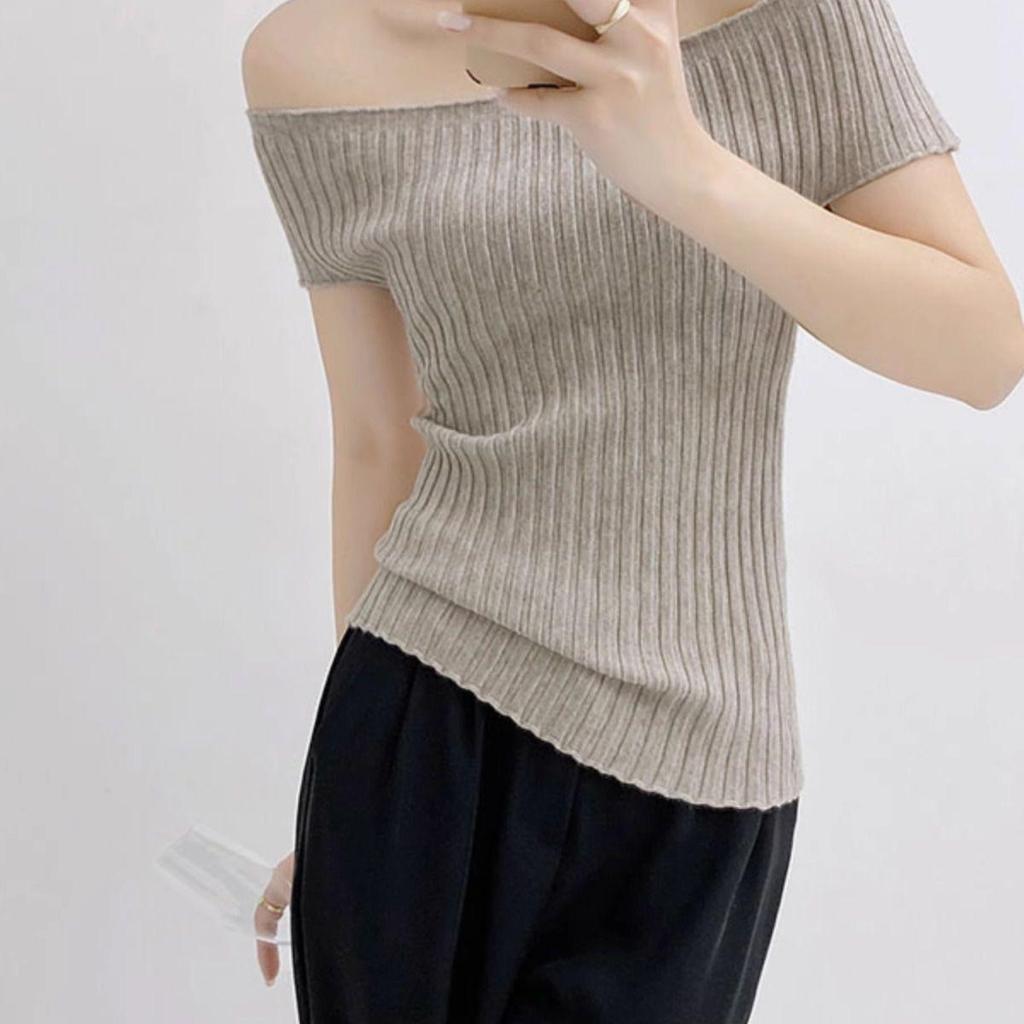 [Hàng mới về] Áo len ngắn tay quây một cổ kiểu Pháp Slim-Fit mỏng hơn trông khí chất Thiết kế mùa hè phù hợp