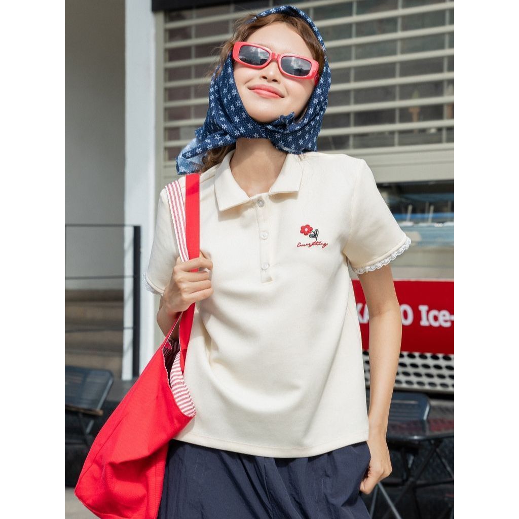 Áo thun polo nữ tay ngắn THE C.I.U, áo kiểu cổ bẻ cotton basic tay phối ren - Tera Polo Te