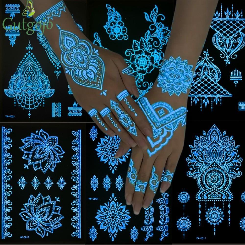 GUTGOJO Đề Can Hình Xăm Henna Trắng, Dụng Cụ Cưới Trắng Dạ Quang Henna Hình Xăm, Ren Henna Giả Hình 