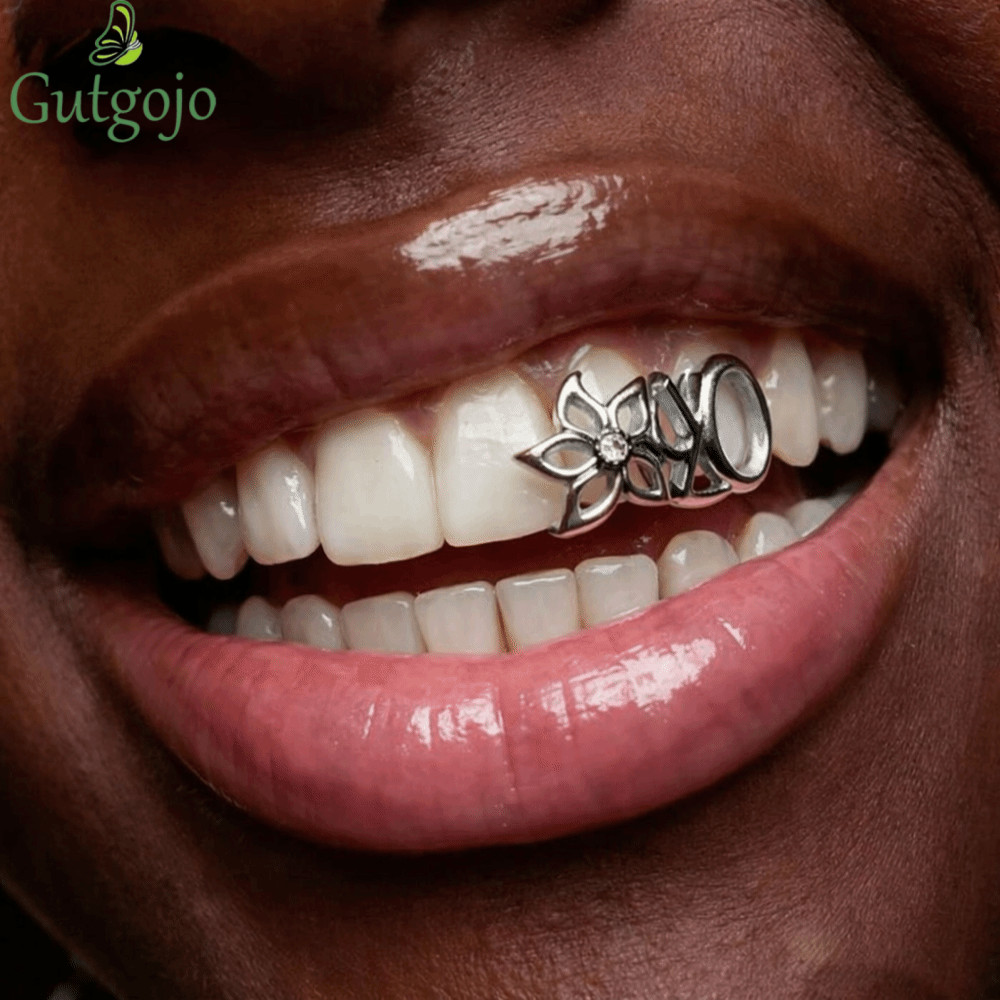 Gutgojo GUTGOJO Đôi Rỗng Hoa Grillz, Bạc Răng Grillz, Hoa Văn Cánh Hoa Đồng Vintage Bóng Không Đều H