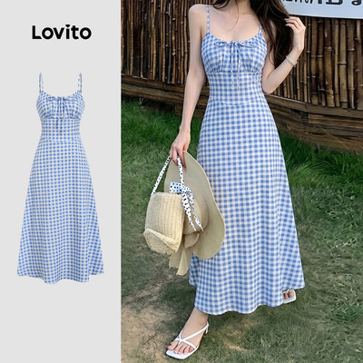 (New Arrival) Lovito Đầm xanh dương đơn giản phong cách thường ngày buộc nơ phía trước mùa xuân/hè cho nữ LK7AD1059