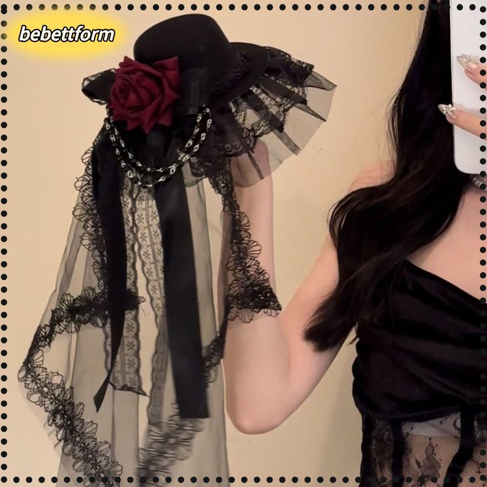 Mũ đội đầu BEBETTKISS Lolita, Gothic Dark Flowers Bow Decor Gothic Veil Rose Top Hat, Trang phục hóa