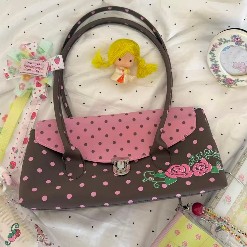 Polka Dot Rose Print Soft Girl Style Lock Túi đeo vai bé gái phù hợp