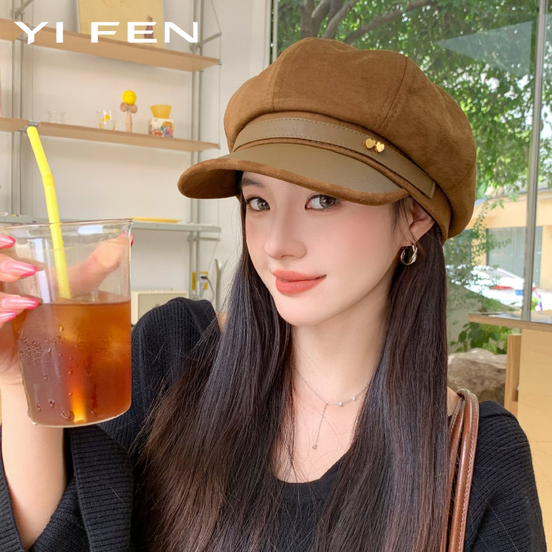 YIFEN 2026 Hàn Quốc Thu Đông Mũ Nữ Thời Trang Đầu Lớn Chu Vi Hiển Thị Mặt Mũ Nhỏ Anh Retro Bốn Mùa Hình Bát Giác Mũ