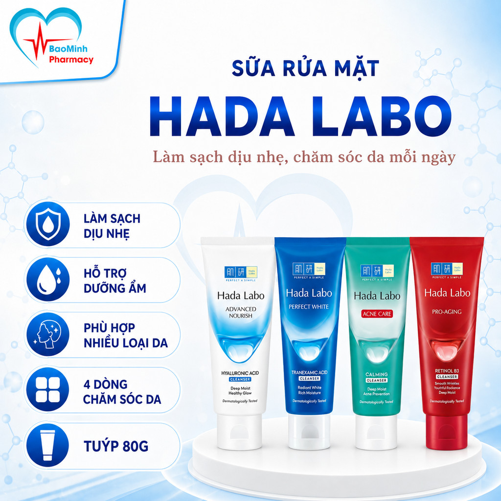 Sữa rửa mặt Hadalabo, dưỡng ẩm, dưỡng trắng mờ nám, tàn nhang srm Hada Labo tuýp 80g
