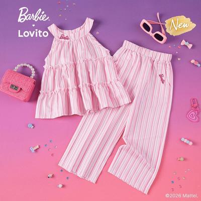 (New Arrival) Barbie™ X Lovito Kids Áo Top Bé Gái Hồng Xuân/Hè Không Tay Cổ Dây Chéo Eo Cao Chân Thẳng Thêu Họa Tiết Có Túi LBL5AD034
