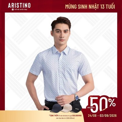 Sơ mi nam tay ngắn ARISTINO trắng in họa tiết xanh, chất liệu Bamboo sợi tre cao cấp ASS190S3