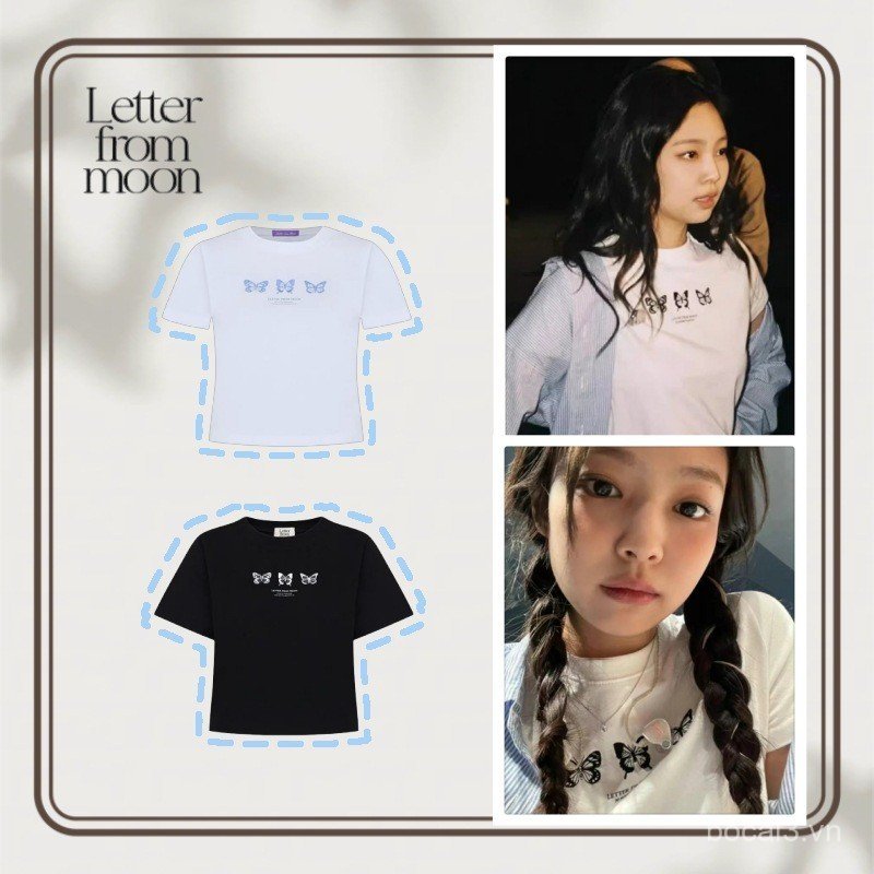 GXII jennie Jin Ji-ni's same style from Korea letterfrom Butterfly Embroidery Girl's Style Short Sle