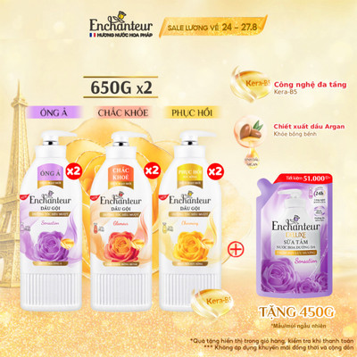 Combo 2 Dầu gội dưỡng tóc mượt thơm lâu ENCHANTEUR Charming Phục Hồi Sức Sống/Sensation Mượt Mà Óng Ả 650g/chai