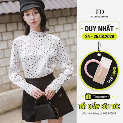 Áo Sơ Mi Lụa Cổ Vắt Tay Dài Chấm Bi 2S28.2508CF – Áo Sơ Mi Nữ Retro Parisian Chic Thanh Lịch Thiết Kế Bởi JM Dress