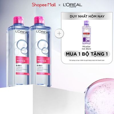 Bộ 2 nước tẩy trang dưỡng ẩm mượt da 3in1 L'Oreal Paris Micellar Water 400ml