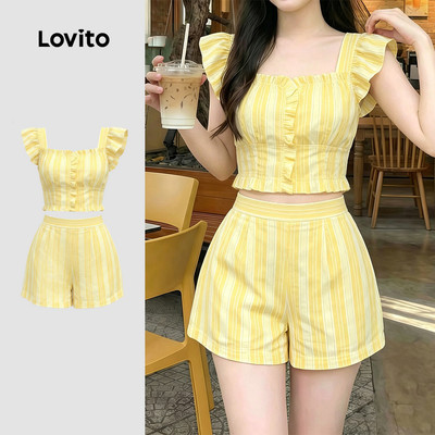(New Arrival) Lovito Áo hoặc Quần màu vàng Mùa xuân/Hè thanh lịch với bèo nhún cho Nữ LK7AD248