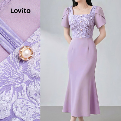 Đầm Lovito phong cách thường ngày ghép vải xếp ly mùa xuân/hè màu tím cho nữ LR38E069