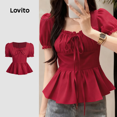 Áo kiểu nữ Lovito đỏ xuân hè buộc phía trước viền nhún bèo phong cách thường ngày L158ED1152