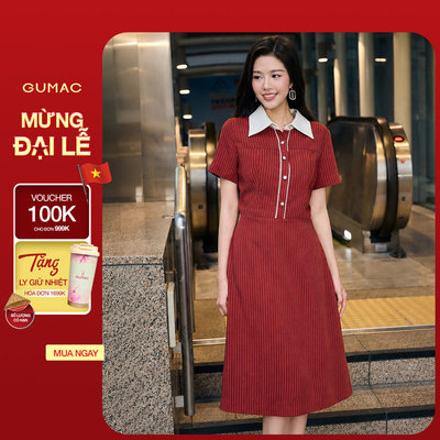Đầm GUMAC form A tay ngắn cổ sơ mi viền nẹp phối màu trẻ trung DF12025