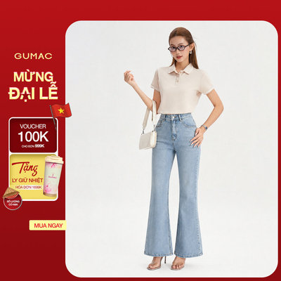Quần Jeans Nữ GUMAC Form Ôm Ống Loe Nút Logo Gumac Túi Hàm Ếch Tôn Dáng LQJG07091 Túi Sau Thanh Lịch