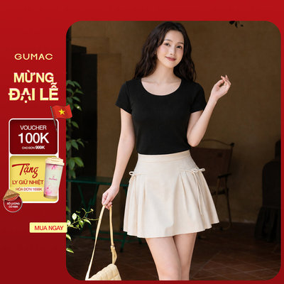 Áo Thun Nữ GUMAC Form Slim Nhẹ Tay Ngắn Cổ U Viền Ren Thanh Lịch ATF10048