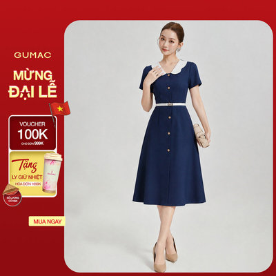 Đầm Dáng A Nữ GUMAC Váy Công Sở Phối Bâu Trắng Dáng Dài Qua Gối Nhẹ Nhàng Nữ Tính LDD1214