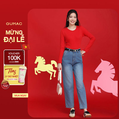 Quần Jeans Nữ GUMAC Kiểu Cơ Bản Form Baggy Wash Xanh Nhạt Vải Mềm Đứng Form QJF04032