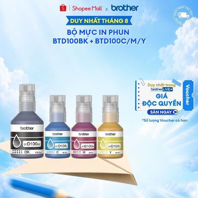 Bộ 4 bình mực in phun (đen/xanh/hồng/vàng) Brother BTD100BK/C/M/Y