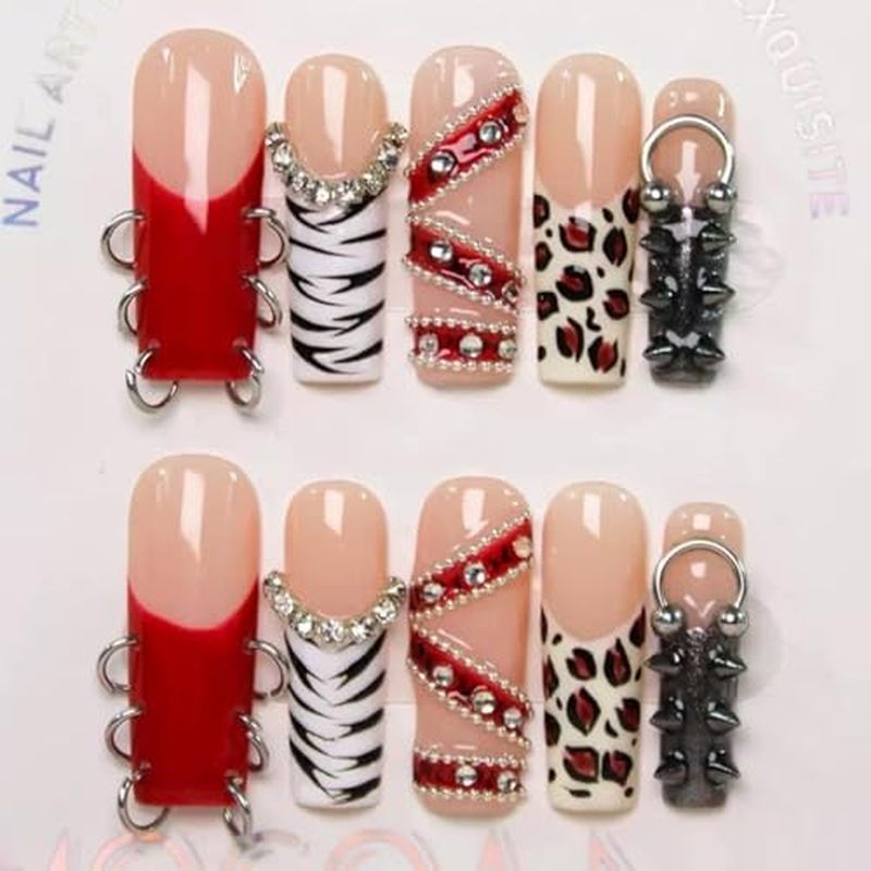 100% 5D Handmade Press on Nails with Charms Móng tay vuông dài Press ons- Đầu kiểu Pháp Móng tay giả