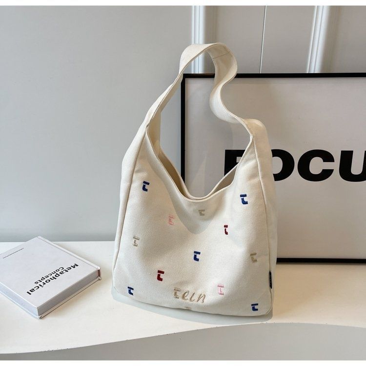 Tote Bag Canvas Tote Bag Large Capacity Student School Bag Shoulder Bag With Colorful Letter Embroid
