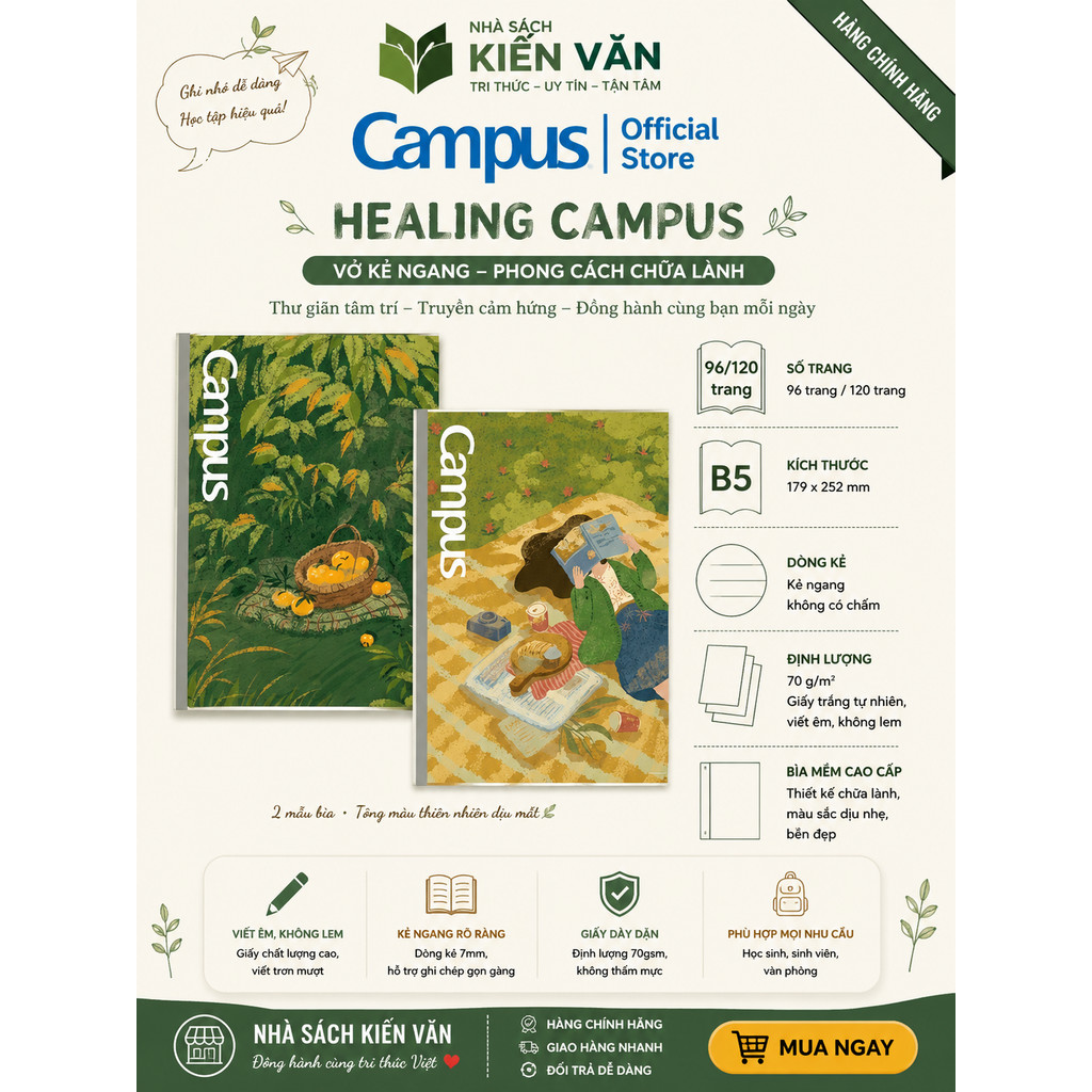 Vở Kẻ Ngang Healing Campus 96/120 Trang Kẻ Ngang Không Chấm KHổ B5 - NB-BHEA120