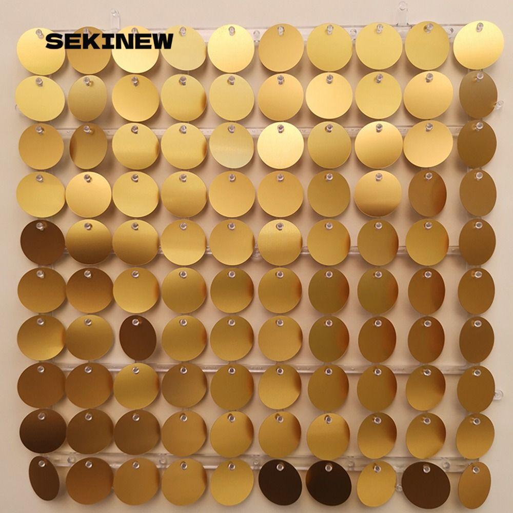 SEKINEW Sequin Panel Trang trí tường, Phông nền sequin vàng PET, Tấm trang trí phông nền tròn lấp lá