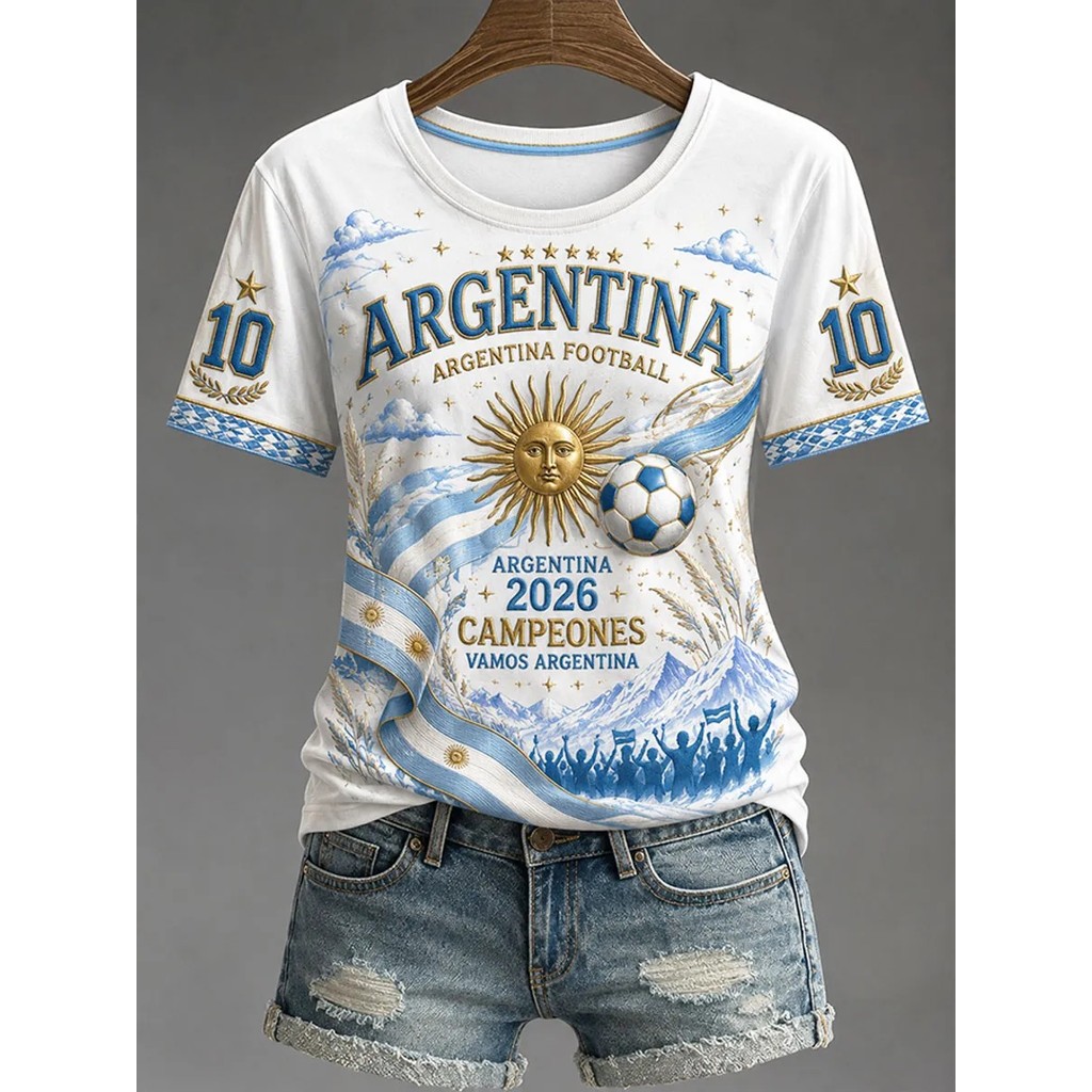 Argentina 2026 Campeones No.10 Sun of May Flag Mountain Celebration Đồ họa Áo thun ngắn tay cổ tròn 