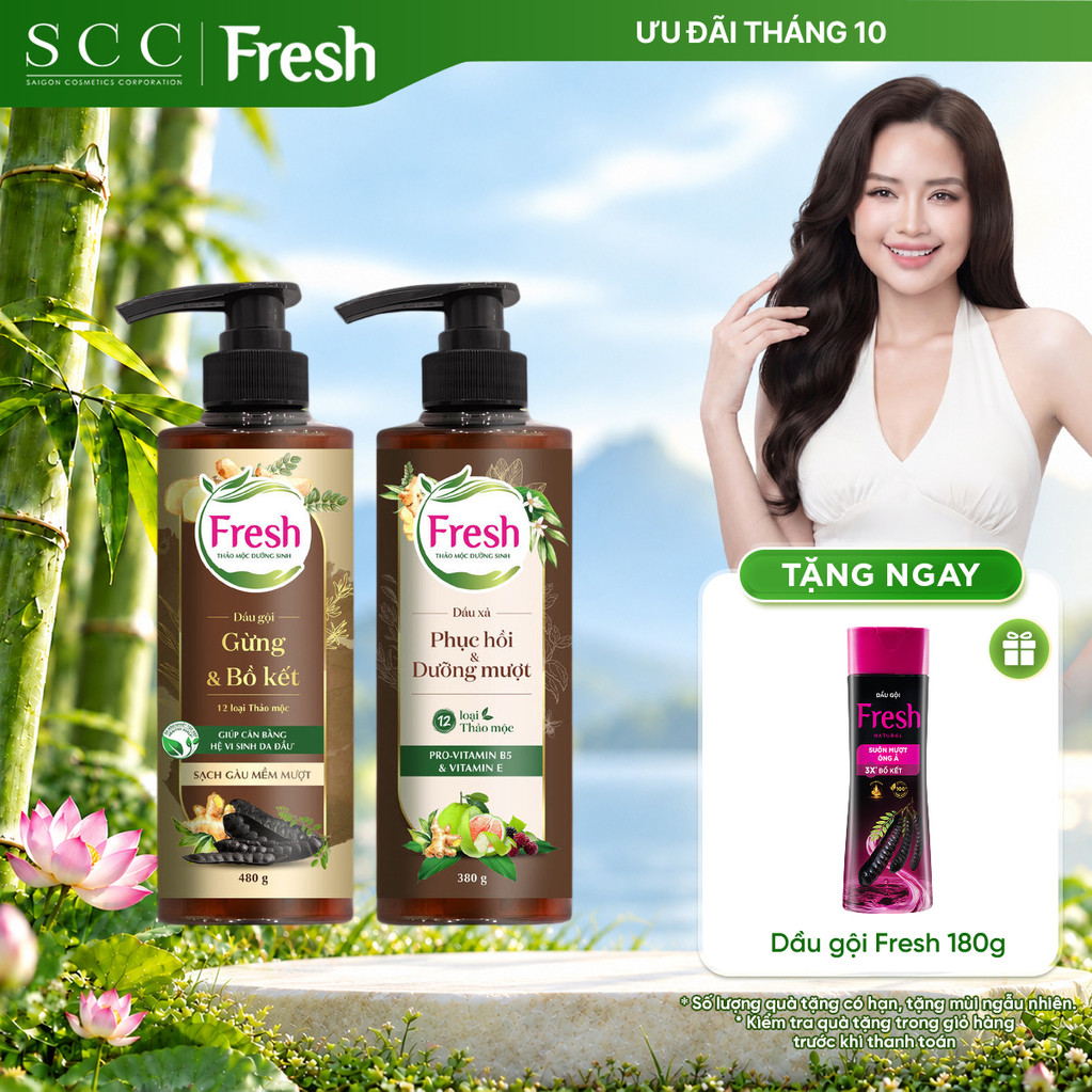 Combo Dầu Gội & Dầu Xả FRESH Thảo Mộc Dưỡng Sinh Sạch Gàu Mềm Mượt 480g + Phục Hồi Và Dưỡng Mượt 380