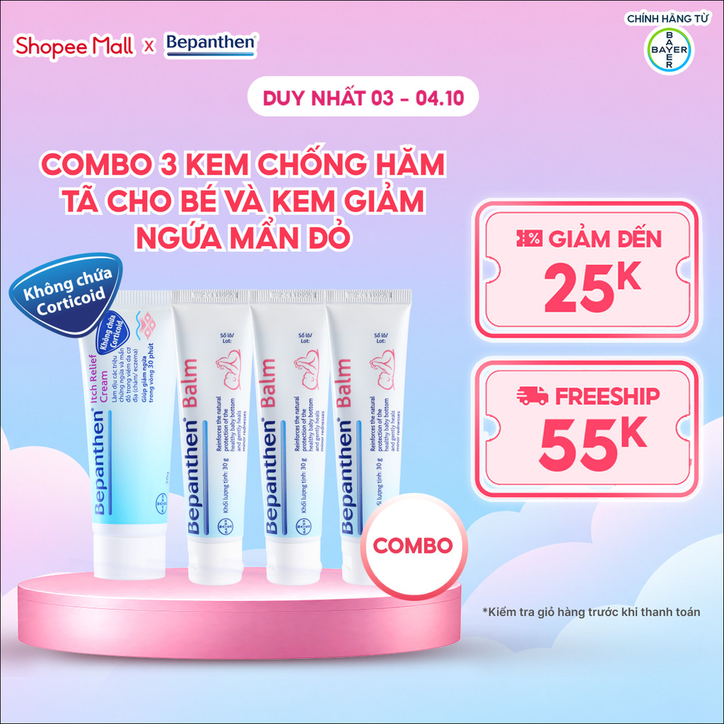 Combo 3 Kem Chống Hăm BEPANTHEN Balm Dạng Kem Mỡ Tuýp 30G x3 và Kem Giảm Ngứa BEPANTHEN Itch Relief 