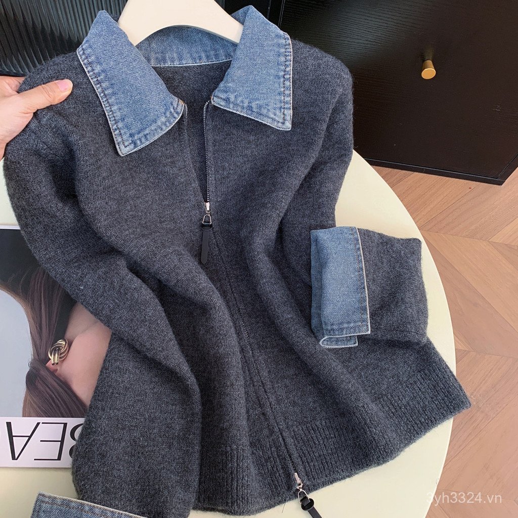 Sống Nhà Ve Áo Dài Tay Denim Khâu Đôi Dây Kéo Dệt Kim Cardigan Nữ Thu Đông Phong Cách Mới Lười Phong Cách Phù Hợp Với Áo Len Hai Mảnh Giả