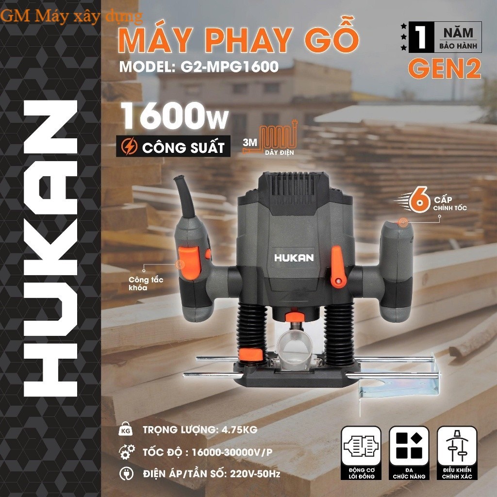 Máy Phay Gỗ Dùng Điện Hukan G2-MPG1600 Chính Hãng HUKAN GM xây dựng hukan