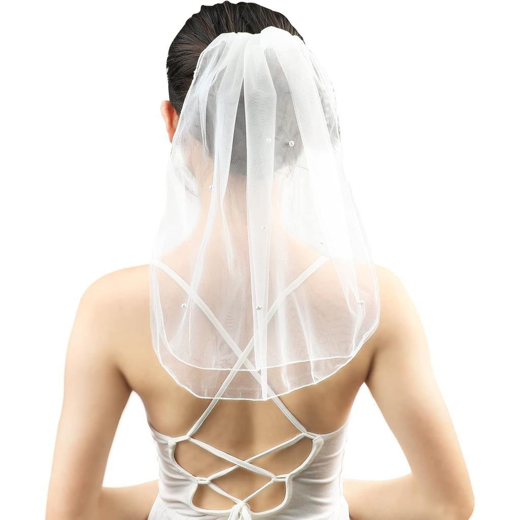 CCINEE Bachelorette Party Pearl Bridal Veil, Khăn lau đám cưới ngắn dành cho nữ có lược 2 tầng Hạt c