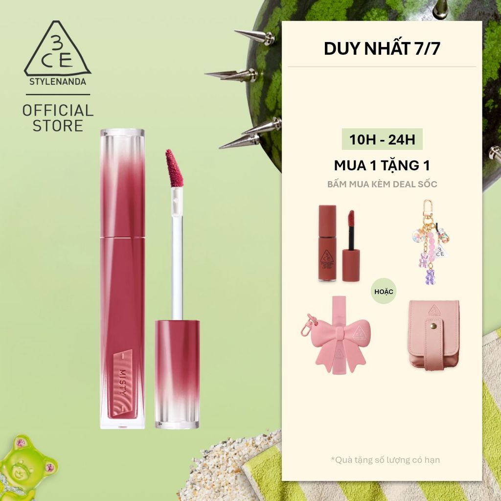 Son Tint Hiệu Ứng Pha Lê 3CE Misty Lip Bare Mỏng Nhẹ Trong Veo, Bền Màu, Mịn Mượt, Không Bết Dính