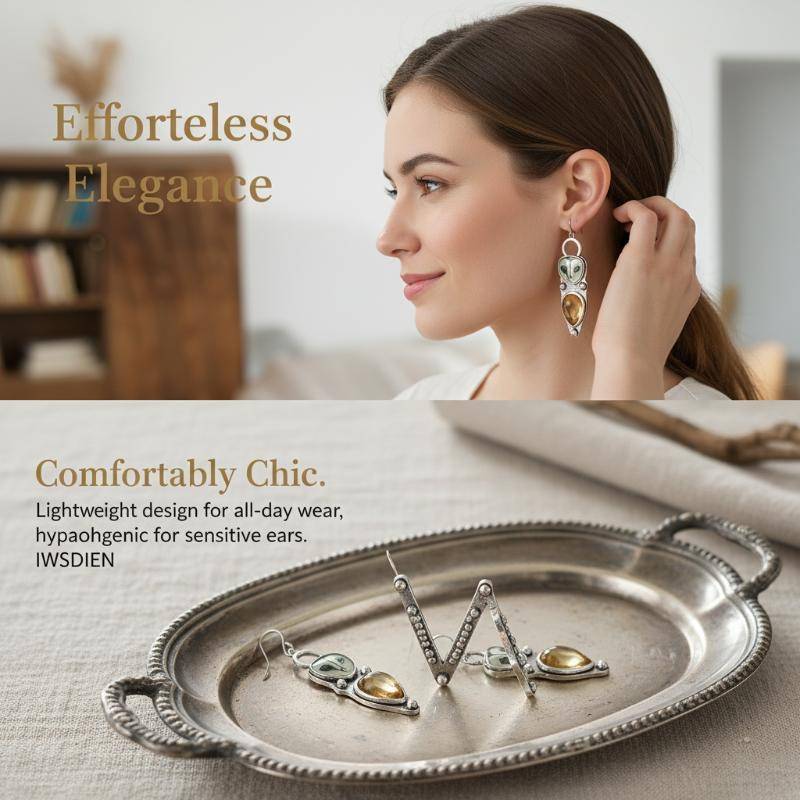 MPJow Retro Bạc Barn Owl Dangle Bông Tai Màu Vàng Tự Nhiên Citrine Inlay Mặc Hàng Ngày Đảng Quà Tặng