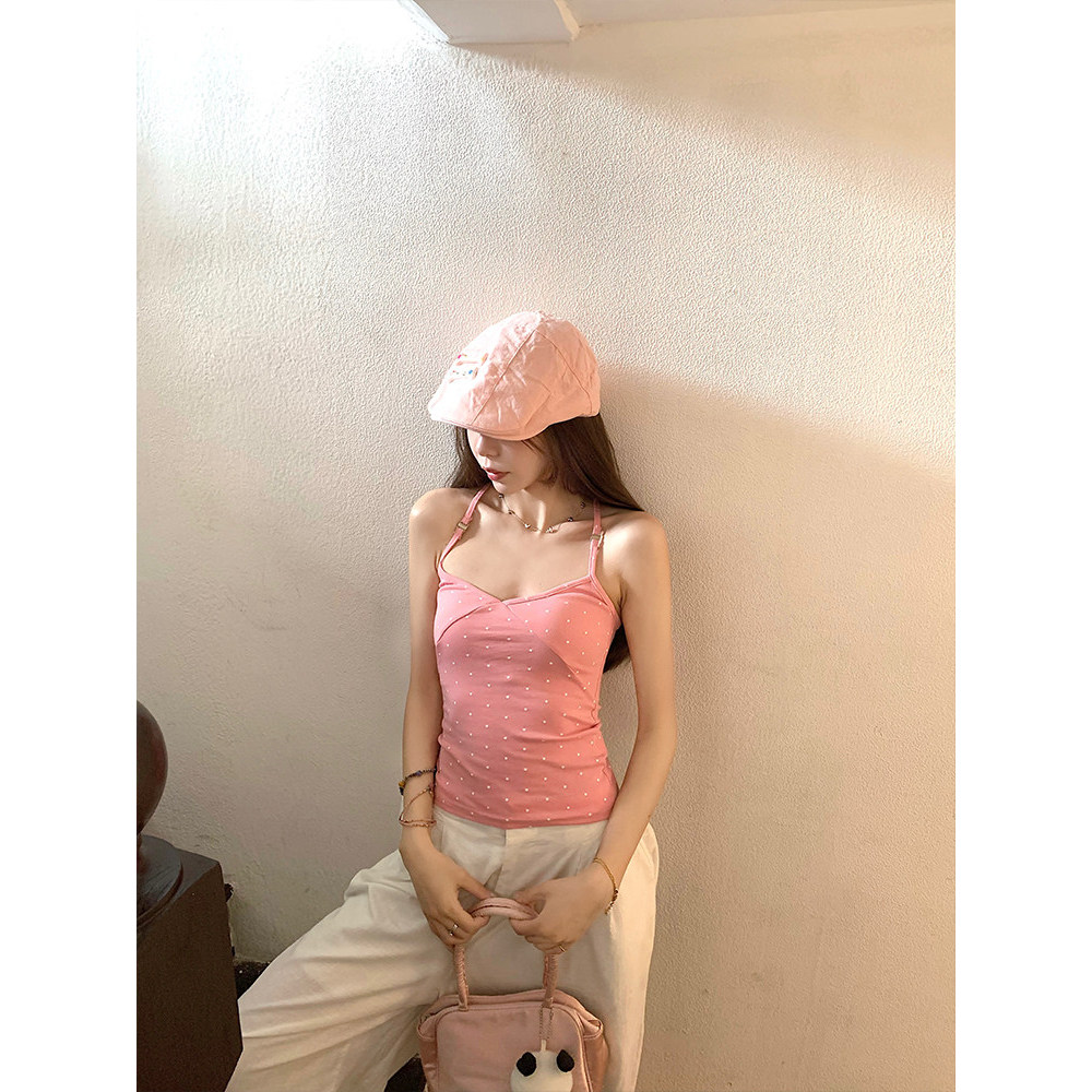 Áo Ba Lỗ Chấm Bi Hồng Moses Queen Dây Quai Có Thể Điều Chỉnh Lưng Trần Crop Top Nữ