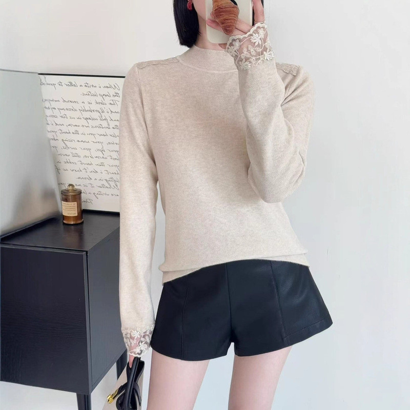 Andy Lông Cừu Thu Đông Phong Cách Mới Nửa Cổ Cao Cổ Áo Len Nữ Lưới Khâu Ren Khâu Tất Cả-