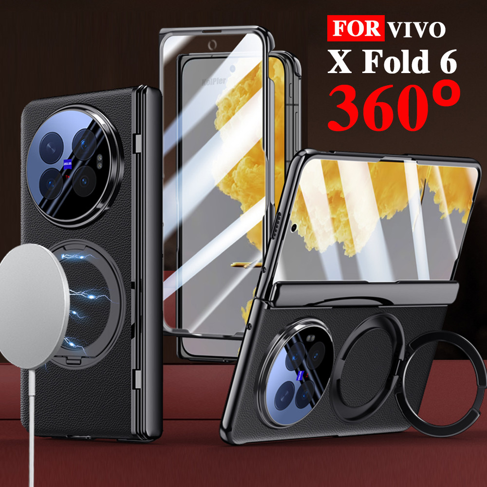 Sang Trọng Giá Đỡ Nhẫn Da Dành Cho Vivo X Fold 6 Fold6 Kính Từ Tính Phim Bảo Vệ Chống Vân Tay Cứng M