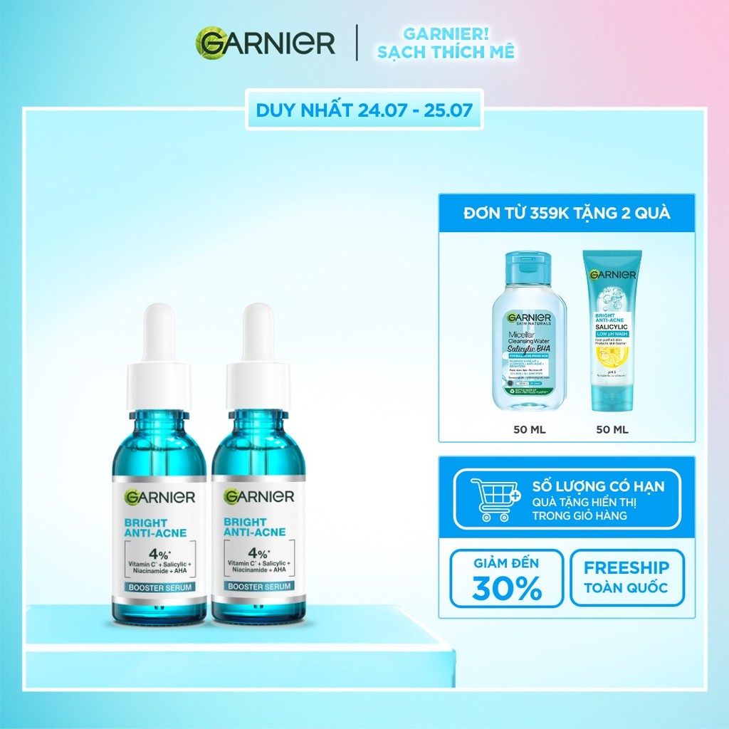Bộ đôi dưỡng chất cho da dầu mụn Garnier Bright Complete Anti-Acne Serum 4% [Niacinamide, BHA, AHA, 