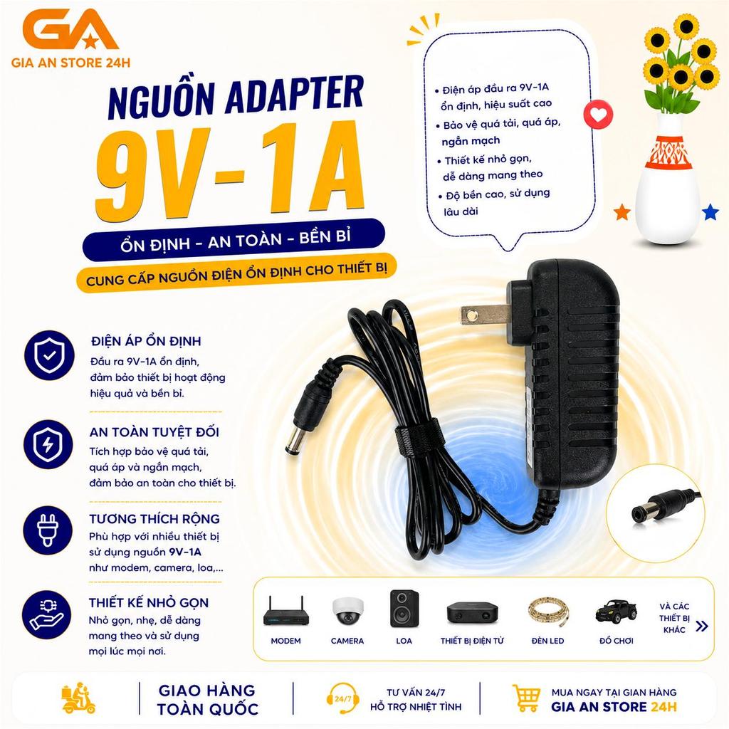 Nguồn Adapter 9V-1A Bộ Chuyển Đổi Nguồn 9V 1A Ổn Định Cho Camera Modem Router Loa Thiết Bị Điện Tử