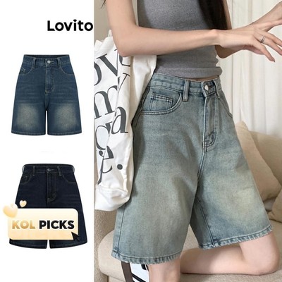 (KOL‘s pick) Quần short nữ jean cạp cao denim Lovito Phong cách thường ngày có túi màu trơn cho nữ LNA19020 (Nhiều màu)