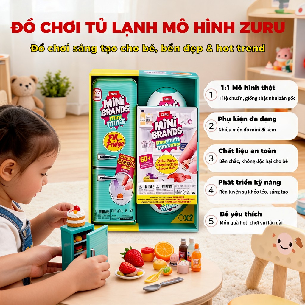 ZURU Mini Brands Fill The Fridge Tủ Lạnh Mini Kèm Đèn UV, 16+ Thực Phẩm Nam Châm, Đồ Chơi Sưu Tập Bé